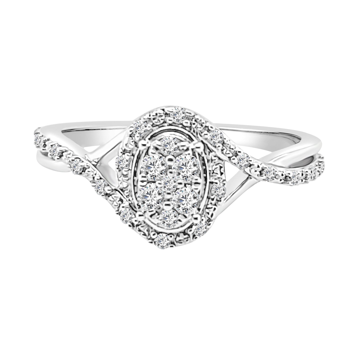 Sterling Silver Twist Shank Cluster Oval Engagement Ring with 0.20 ct Natural Diamond