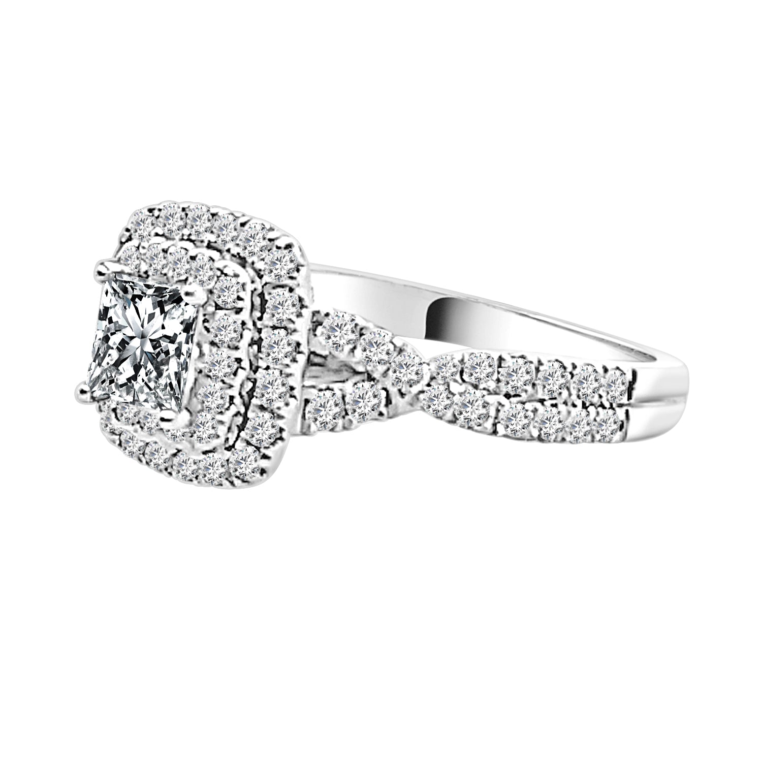 Sure, how about this title: 14K White Gold Twist Shank Double Engagement Ring with 0.63 Carat Princess Cut Natural Diamond