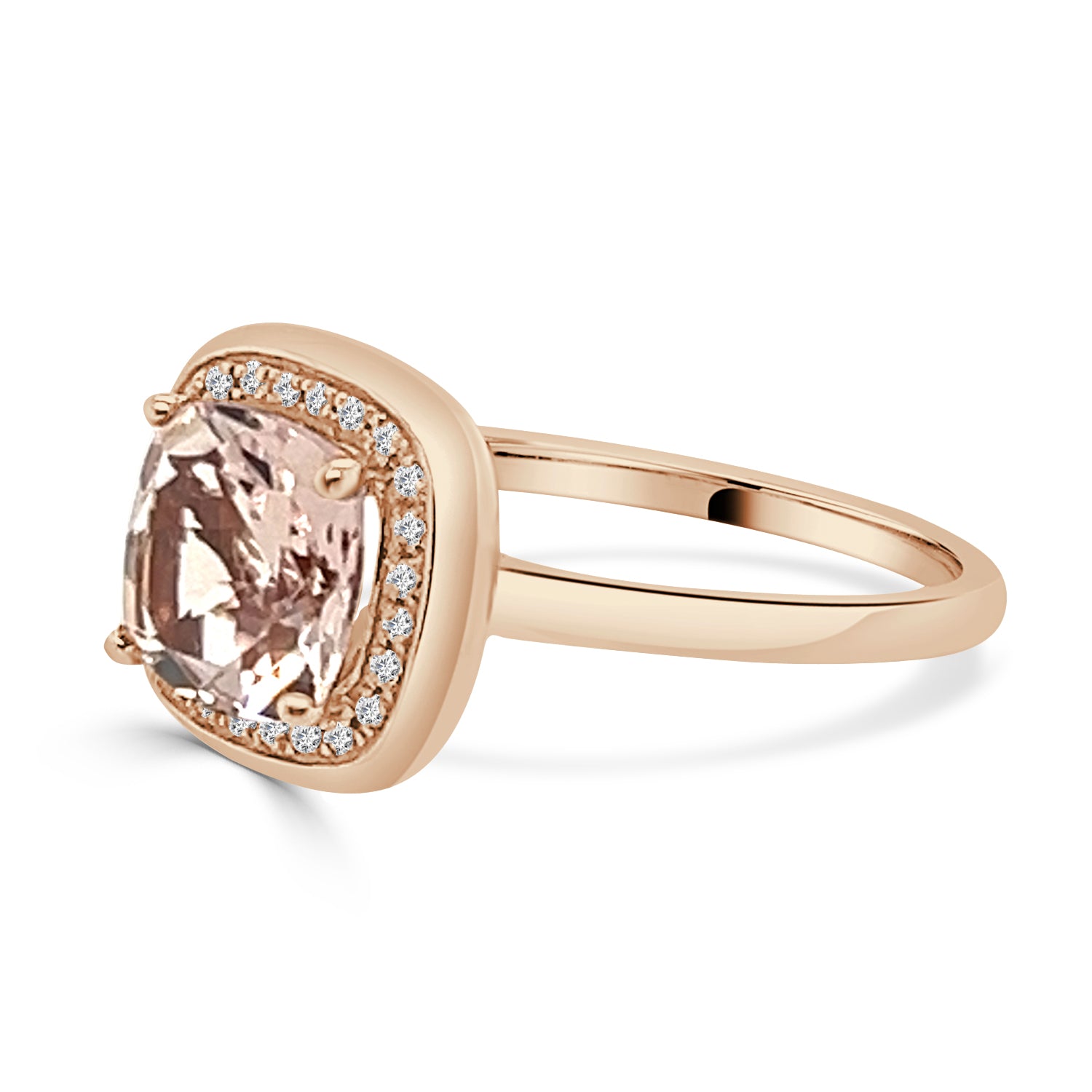 14K Yellow Gold Morganite and Diamond Halo Ring with Cushion Shape - 1.35 ct