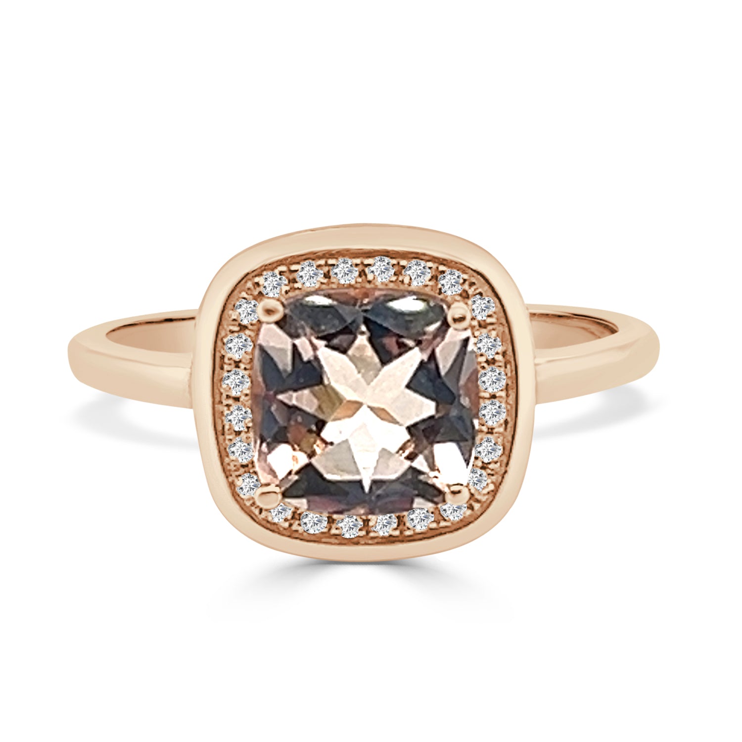 14K Yellow Gold Morganite and Diamond Halo Ring with Cushion Shape - 1.35 ct