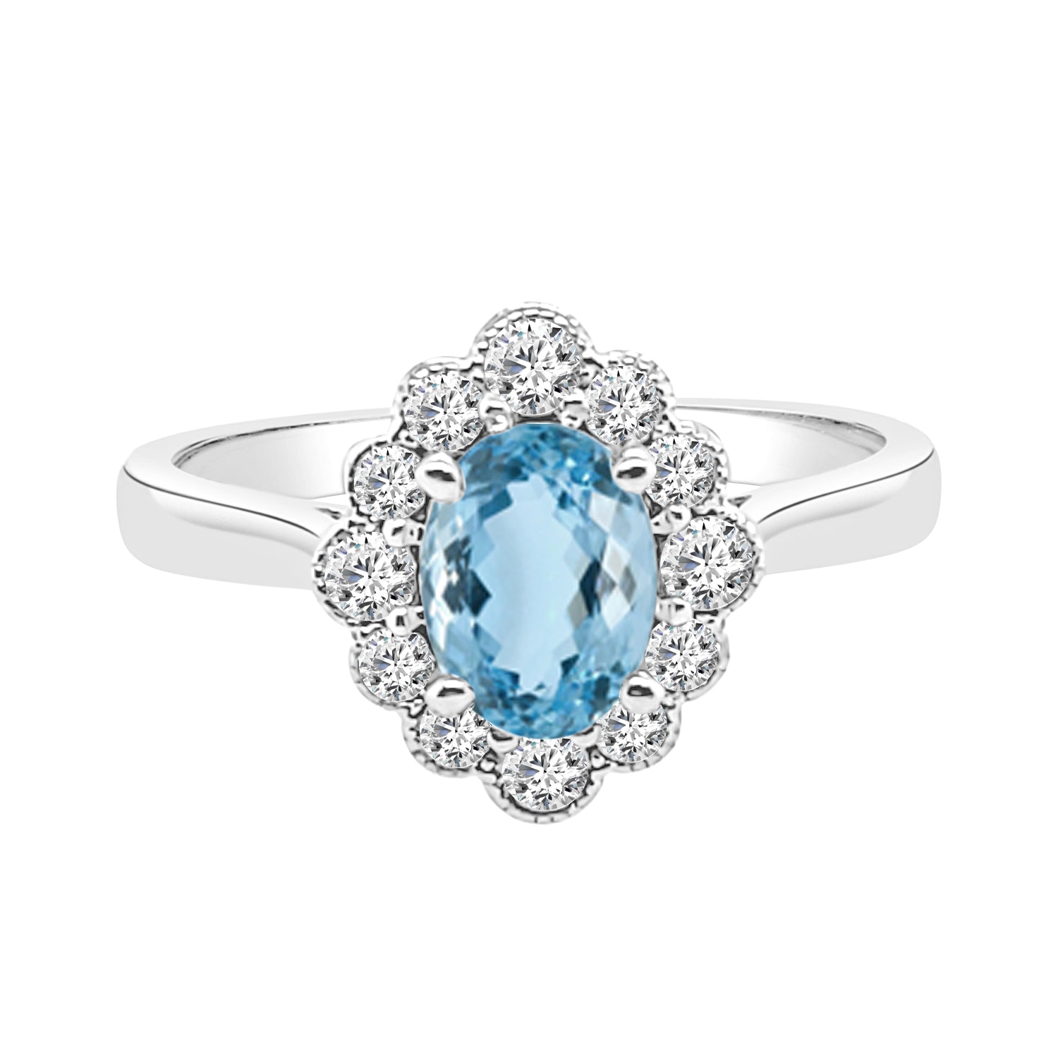 Sure! How about Elegant 14 Karat White Gold Aquamarine Ring with Fancy Milgrain Halo (0.70 ct)?