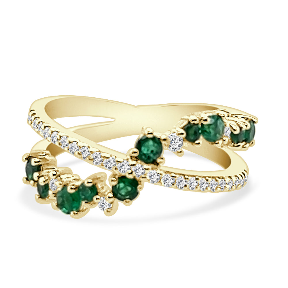 Criss-Cross Diamond and Emerald Round Shape Ring in 14 Karat Yellow Gold - 0.70 Carats
