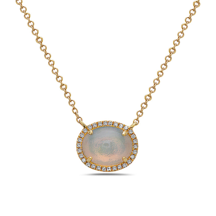 Opal Halo Stationary Necklace in 14 Karat Yellow Gold - Oval Shape, 1.02 Carat