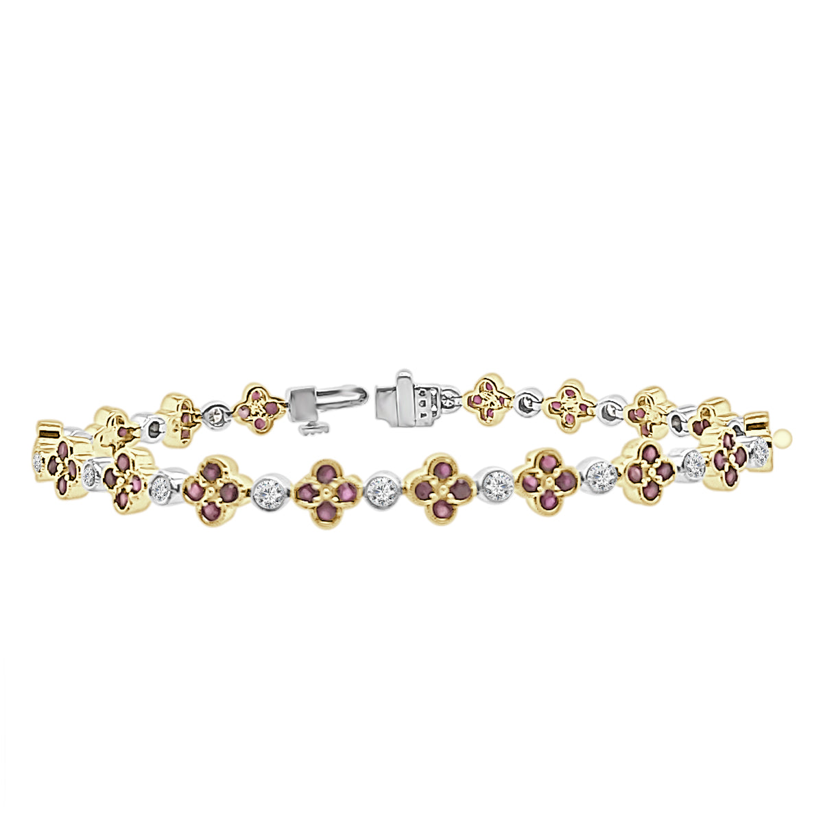 14 Karat Two-Tone Ruby Bracelet with Alternating Clover & Bezel Design - 2.36 Carats