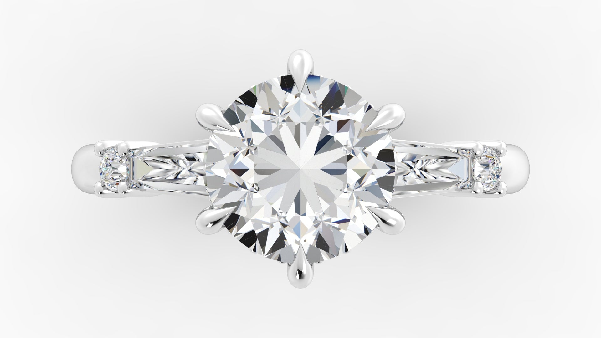 Platinum Hidden Halo Engagement Mounting with Round Brilliant Cut Diamonds and Tapered Baguettes