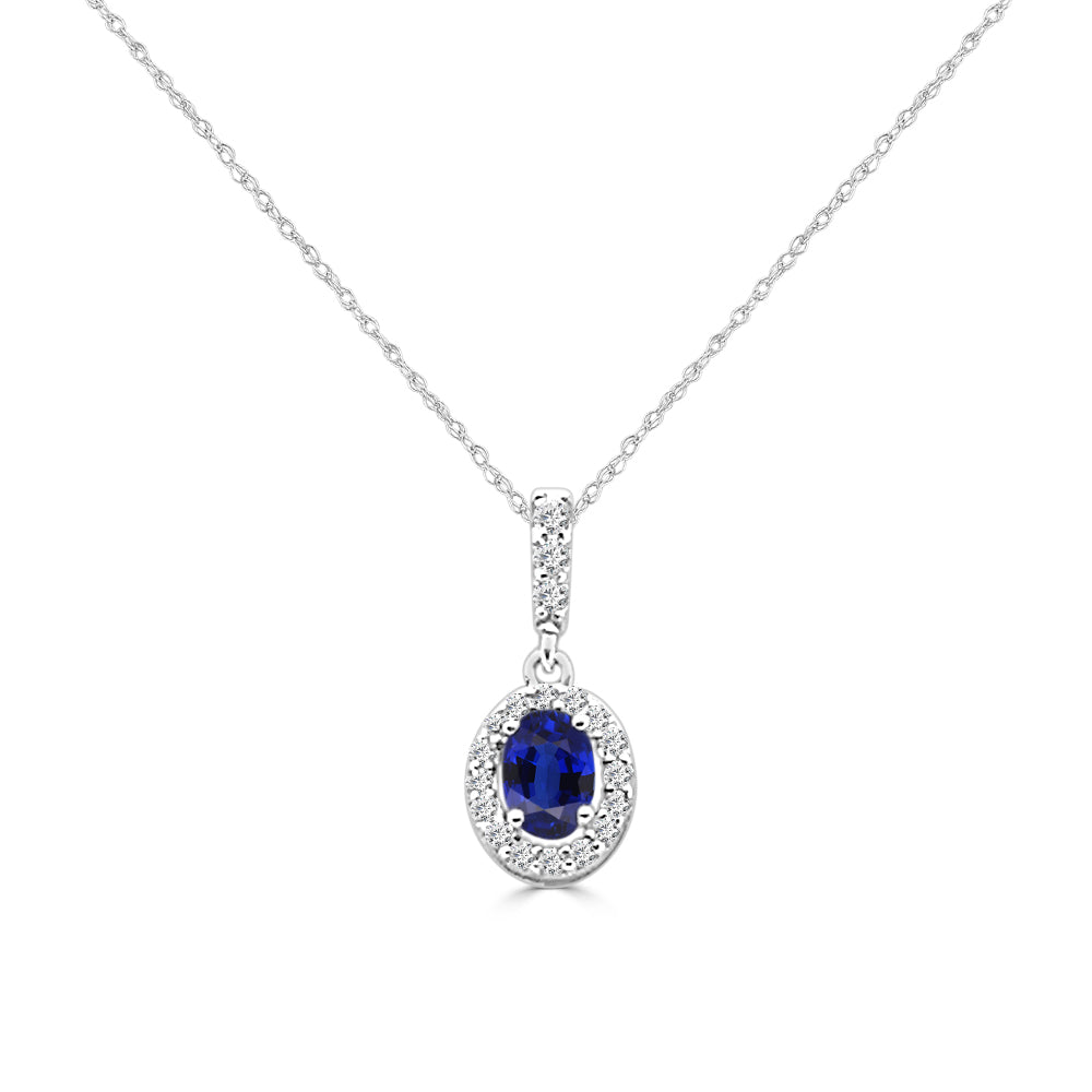 14K White Gold Blue Sapphire and Diamond Oval Necklace - 0.60 ct