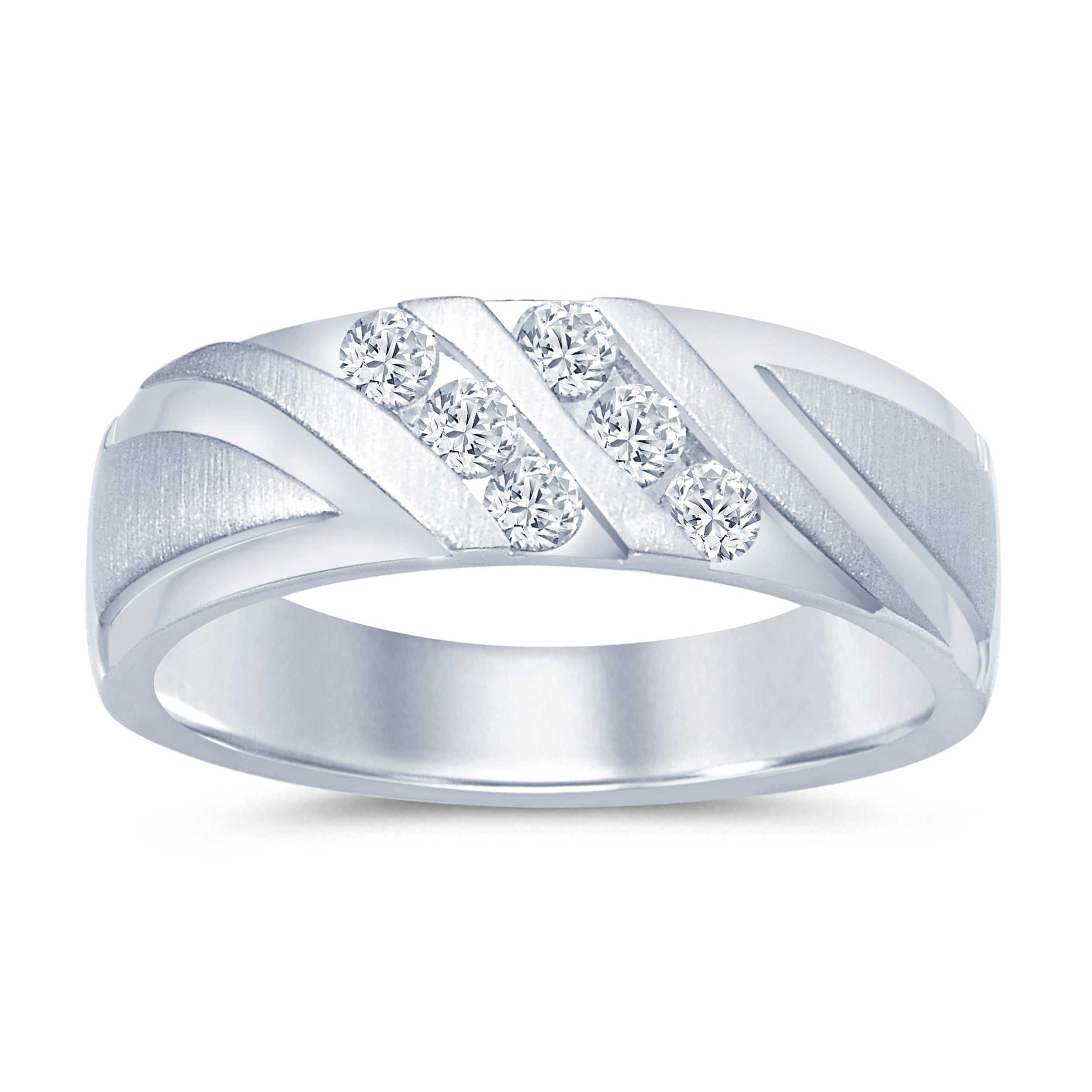 14K White Gold Diagonal Satin Fancy Wedding Band with 0.38 ct Natural Diamond