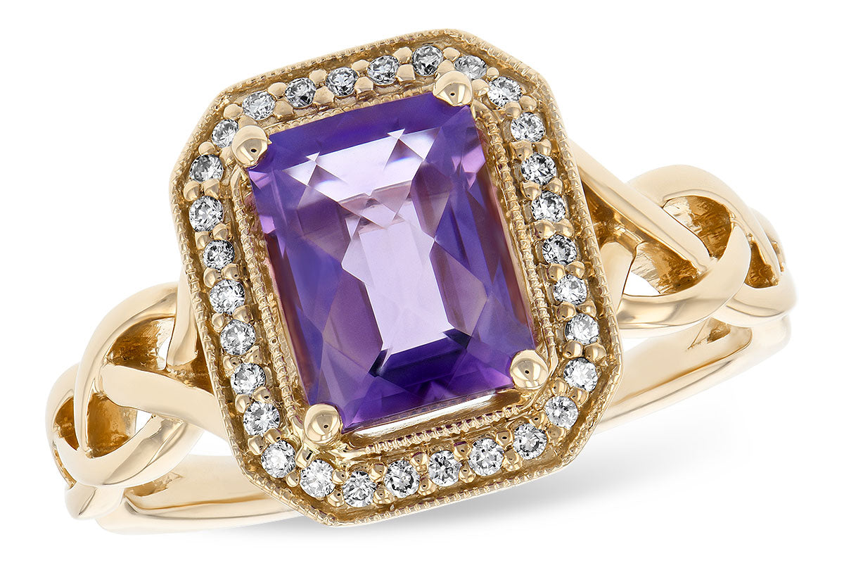 14K Yellow Gold Braided Shank Amethyst Ring with Emerald Halo - 1.42 Carats