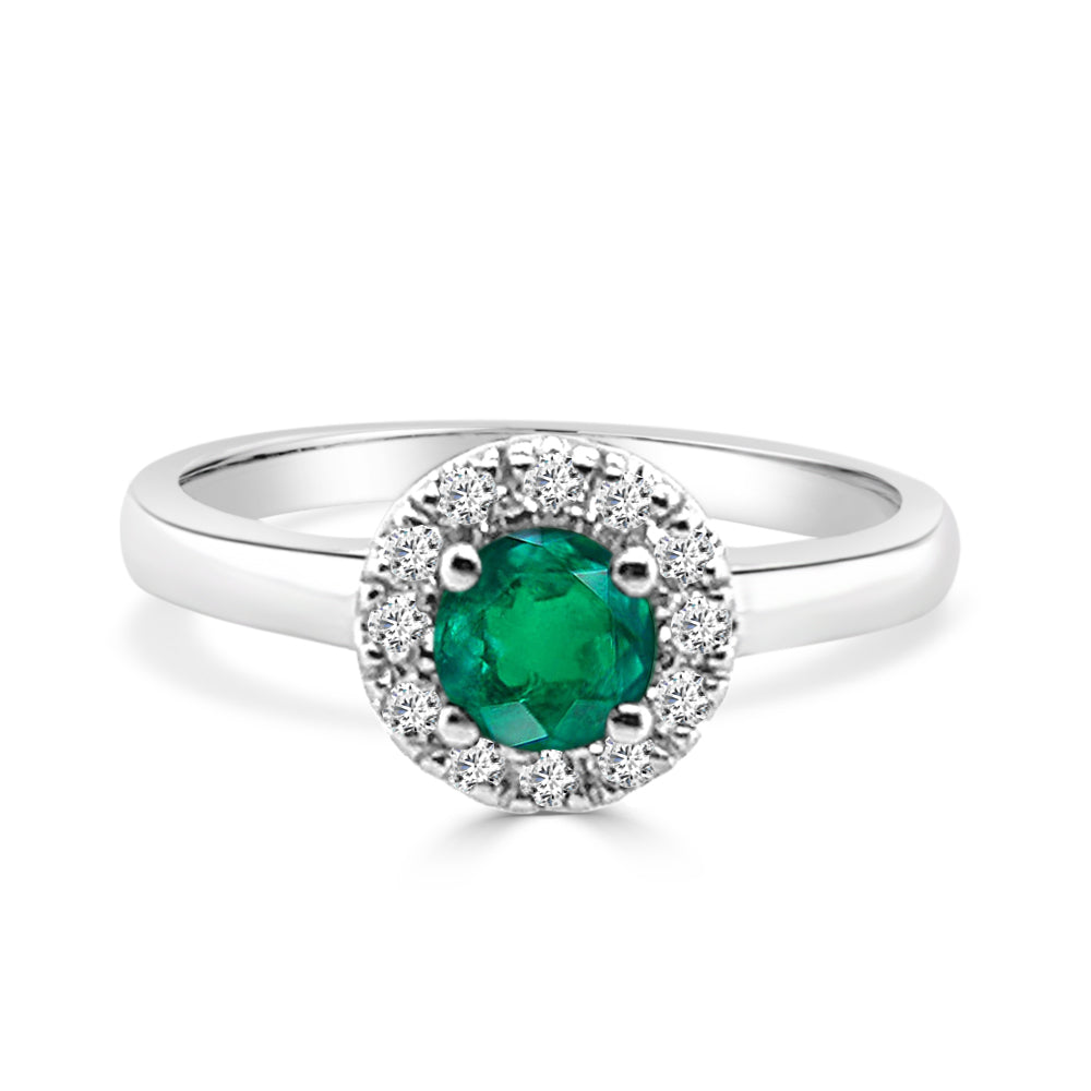 14 Karat White Gold Diamond and Emerald Round Shape Ring (0.50 ct)