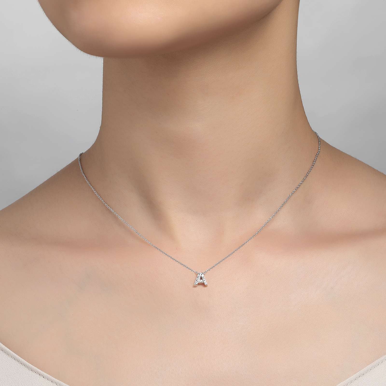 Platinum Coated Sterling Silver Block Letter A Necklace with Lassaire 0.36 Carat