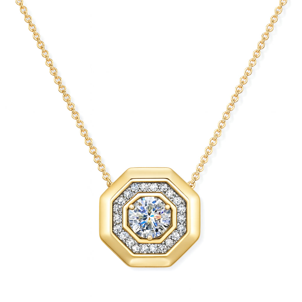 14K Yellow Gold Natural Diamond Geometric Stationary Pendant Necklace - 0.42 CT Round Shape