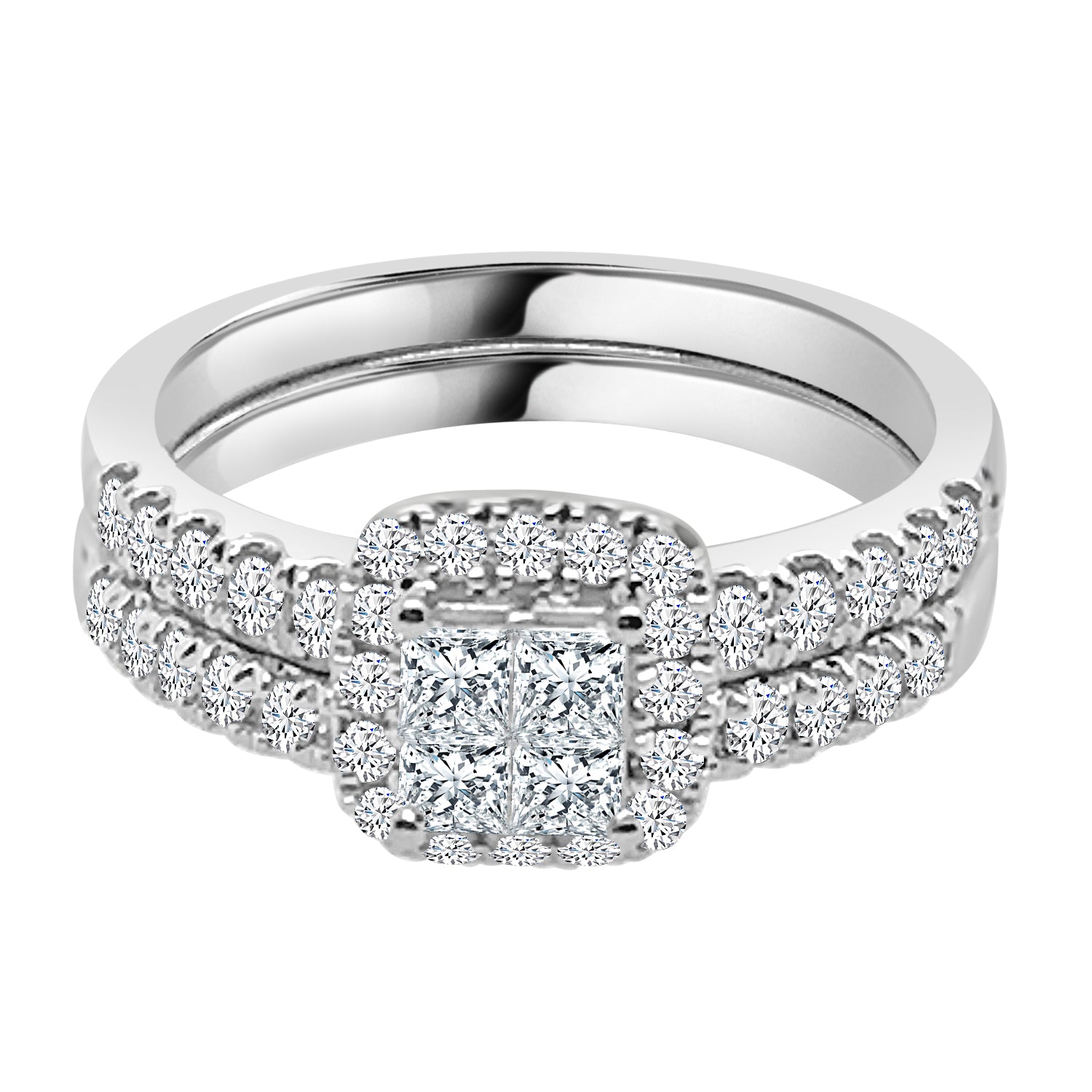 14K White Gold Natural Diamond Cluster Wedding Set - 1.02 Carats