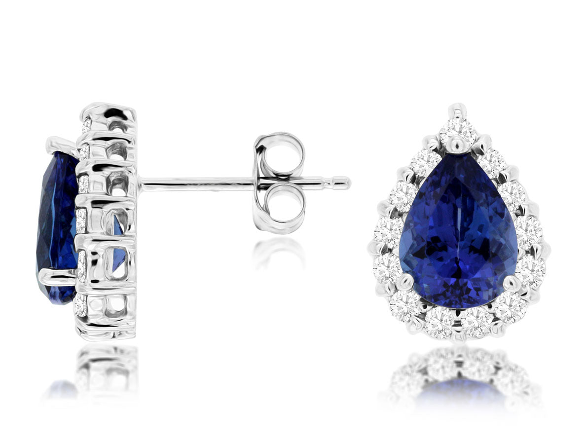 14 Karat White Gold Tanzanite Pear Halo Earrings - 2.20 Carats