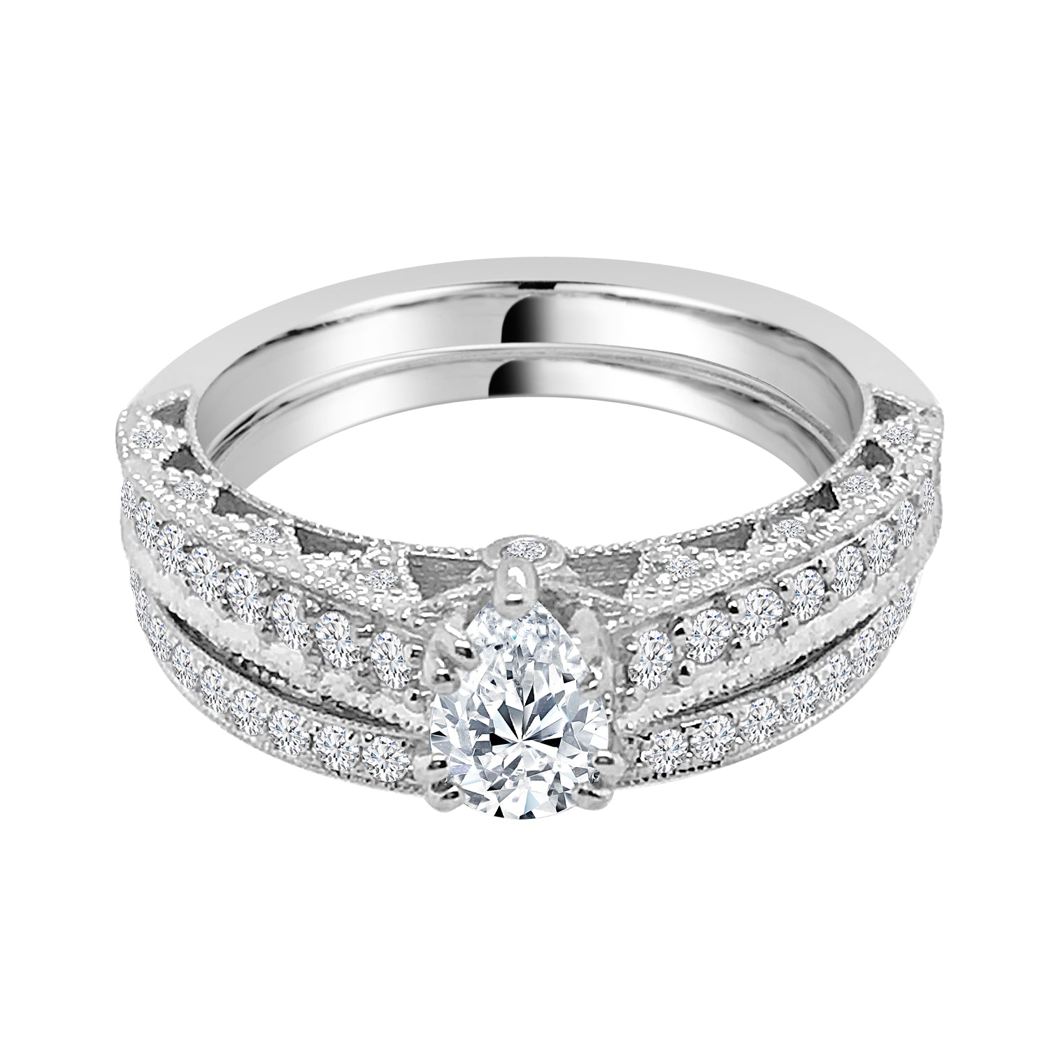 14K White Gold Pear Shape Natural Diamond Engagement Ring - Size 8 (0.46 ct)