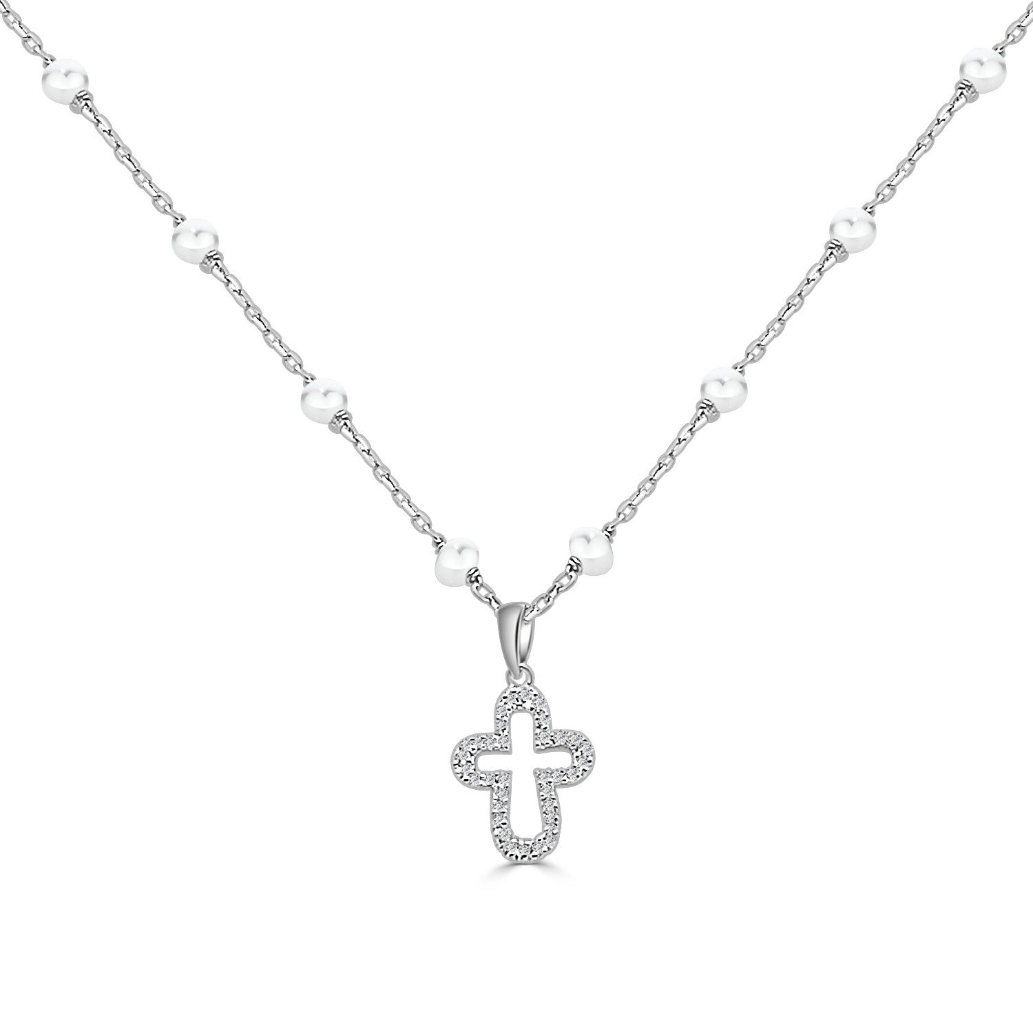 Sterling Silver Pearl Station Necklace with Pendant - Elegant Silver and Pearl Statement Jewelry