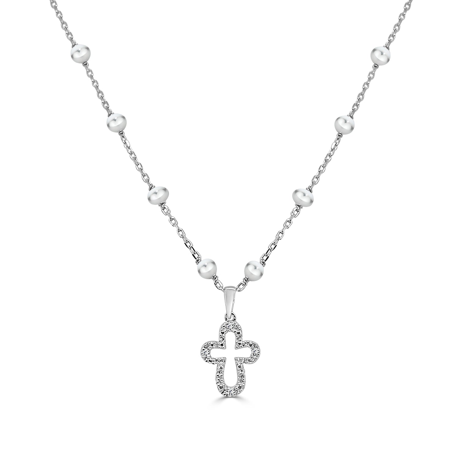 Sterling Silver Pearl Station Necklace with Pendant - Elegant Silver and Pearl Statement Jewelry