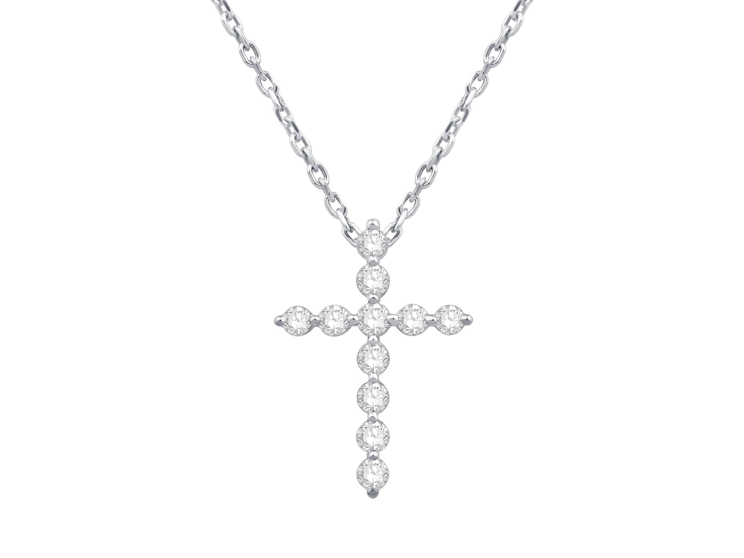 14K White Gold Shared Prong Cross Pendant Necklace with Lab Diamond in Round Shape (0.25 ct)