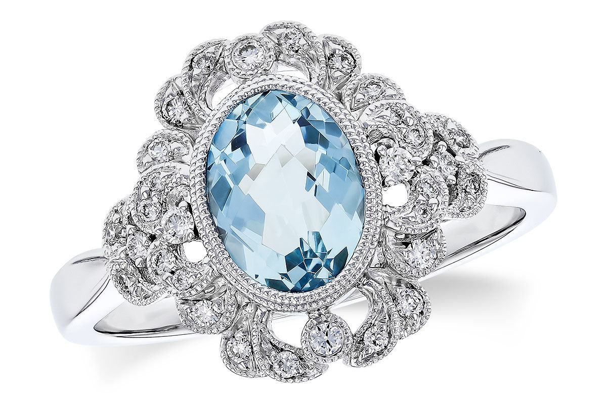 14K White Gold Aquamarine Bezel Set Milgrain Ring, 0.98 ct