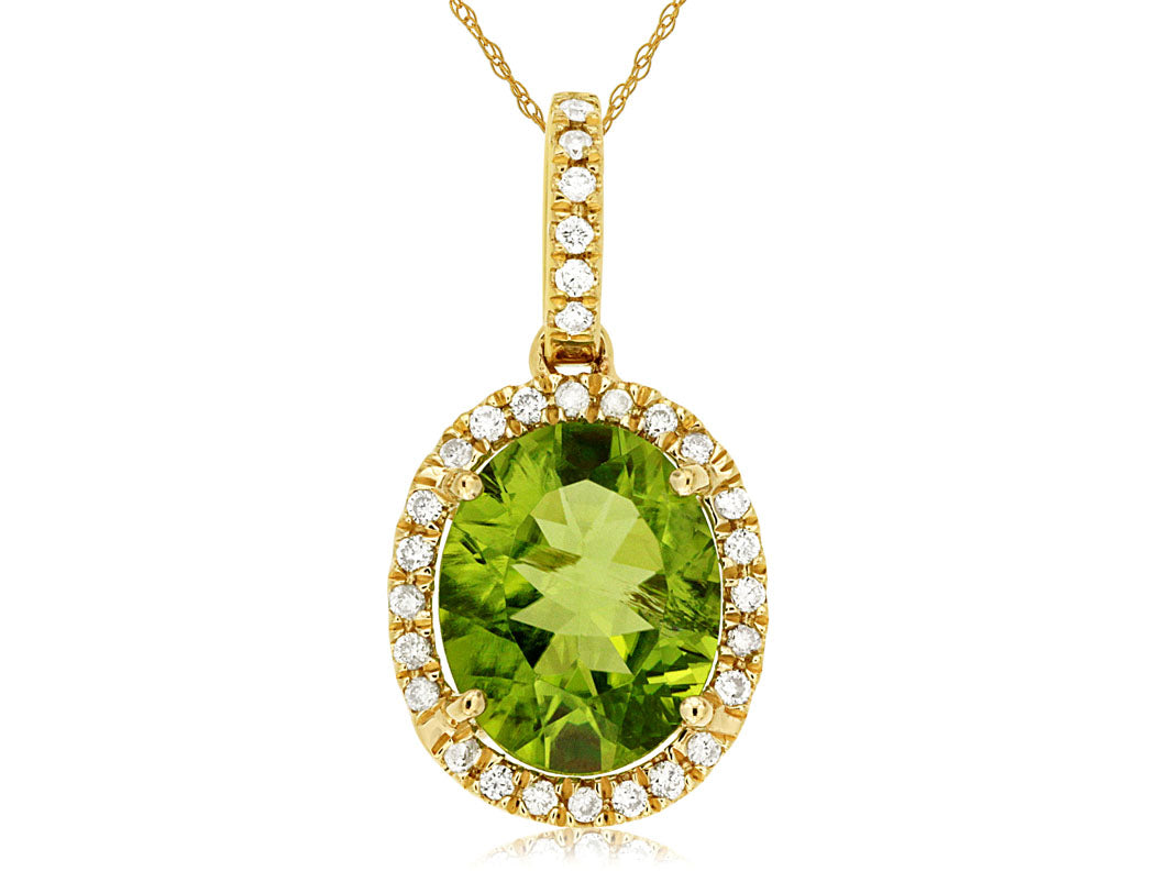 Peridot Halo Diamond Necklace in 14 Karat Yellow Gold with Oval Shape Pendant - 2.80 Carats