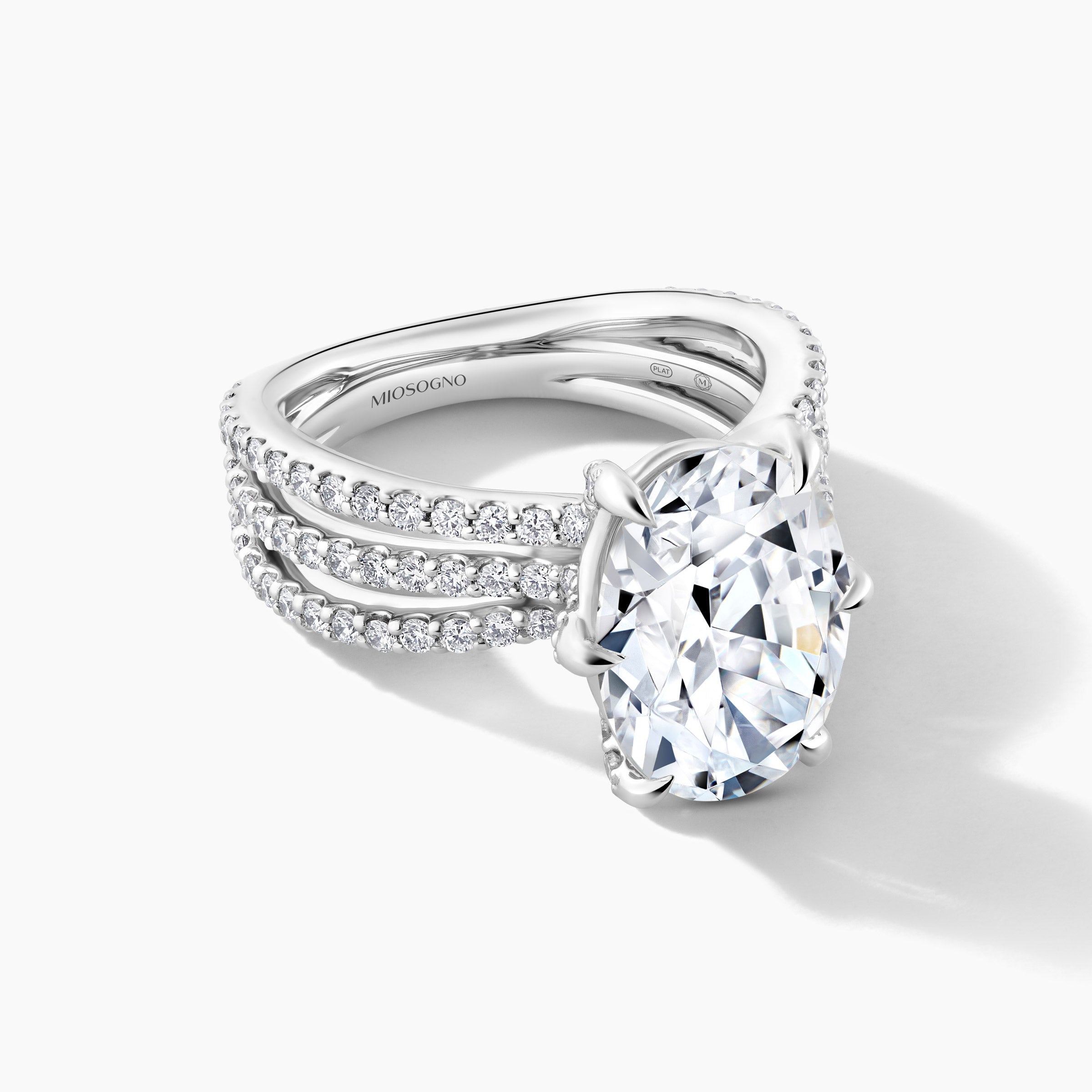 Platinum Oval Shape Engagement Ring with SMP Three Row Split Shank Band featuring 5.00 Carat Natural Diamond