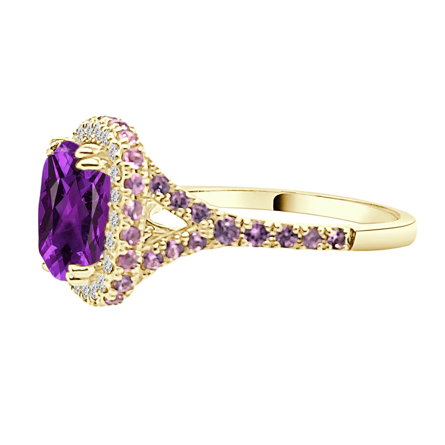 14K Yellow Gold Fancy Cushion Halo Amethyst Ring - 1.73 Carats