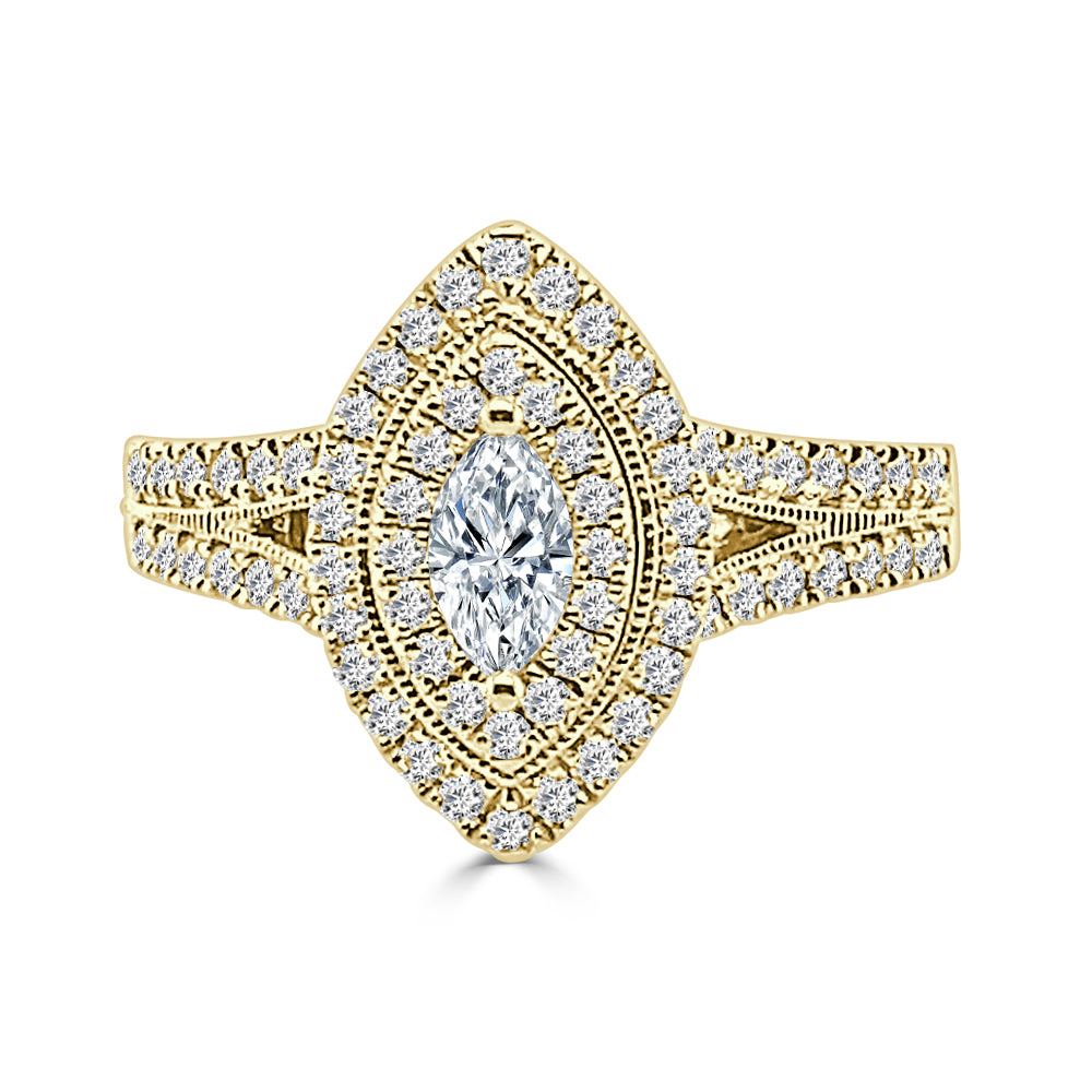 14K Yellow Gold Double Halo Milgrain Marquise Engagement Ring with 0.25ct Natural Diamond