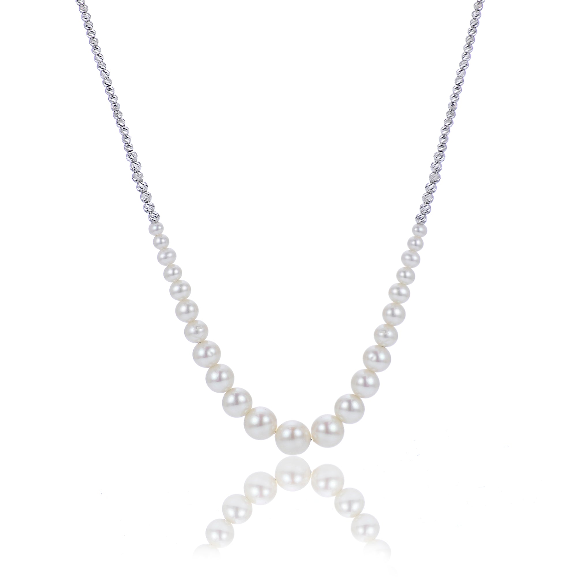 Silver Sterling Pearl Necklace with D/c Bead & Graduated Design