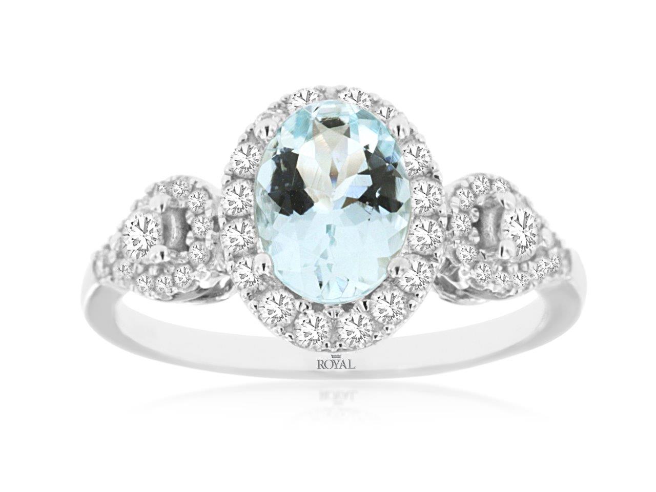 14 Karat White Gold Oval Halo Ring with 1.10 Carat Aquamarine