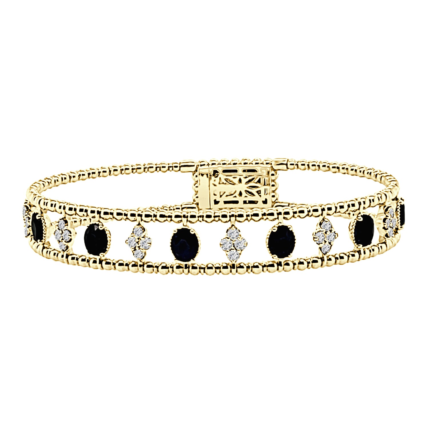 14K Yellow Gold Beaded Bangle Bracelet with Blue Sapphire Oval Shape 3.30 Carats