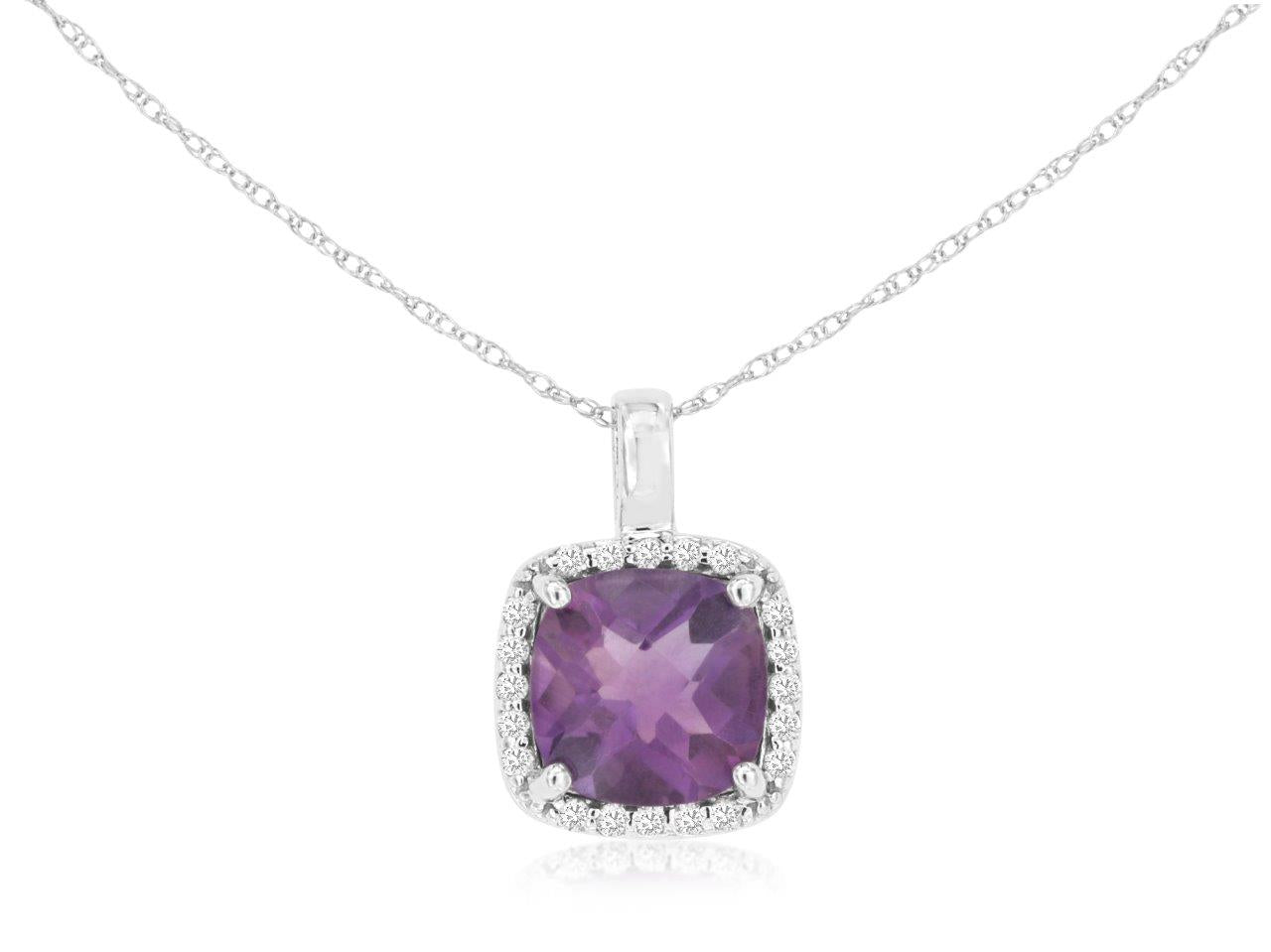14K White Gold Amethyst and Diamond Cushion Shape Necklace 2.20ct