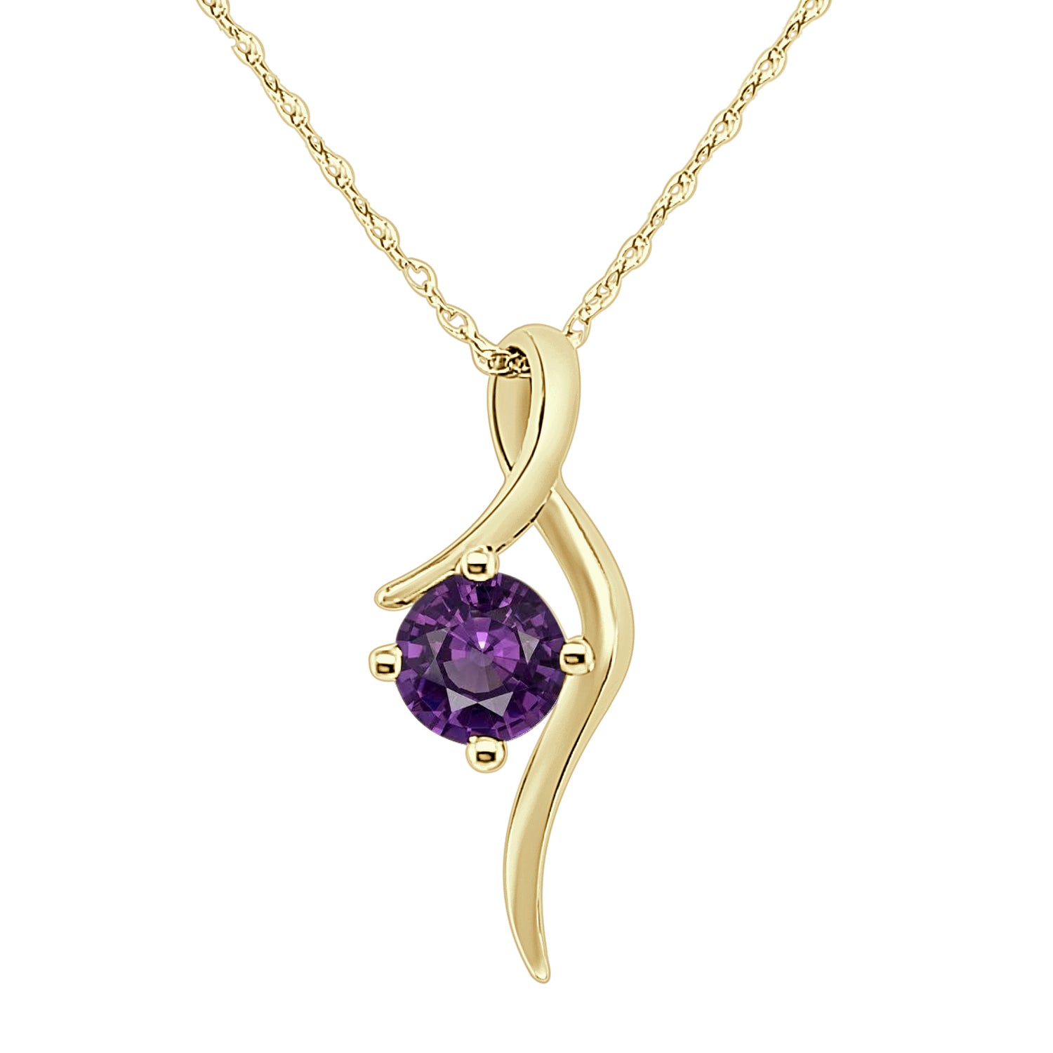 14K Yellow Gold Free Form Drop Amethyst Necklace - Round Shape 0.47