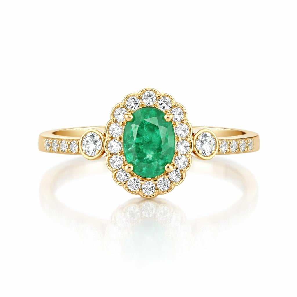 14K Yellow Gold Emerald and Diamond Halo Ring