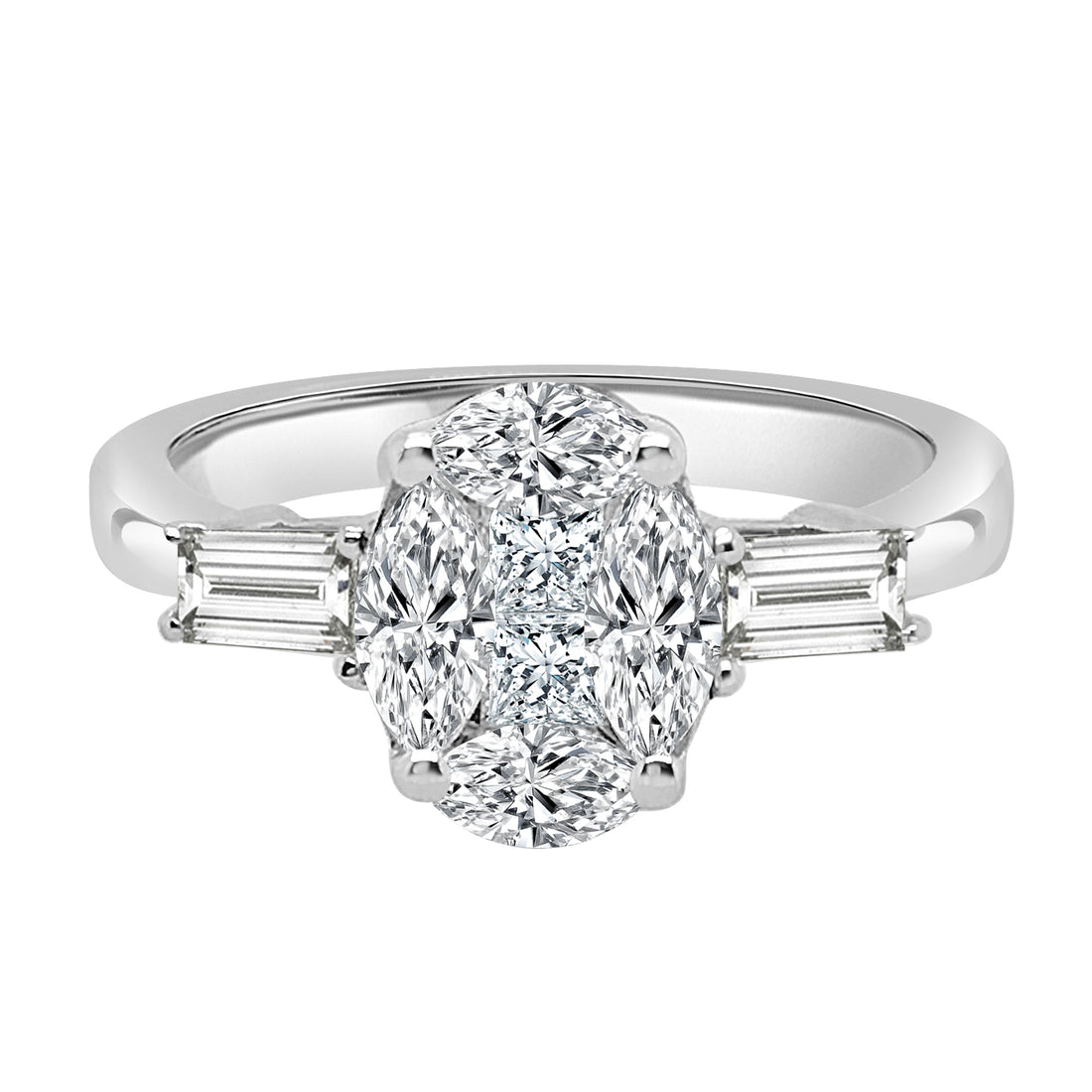 18 Karat White Gold Oval and Baguette Mosaic Diamond Ring - 1.04 Carats