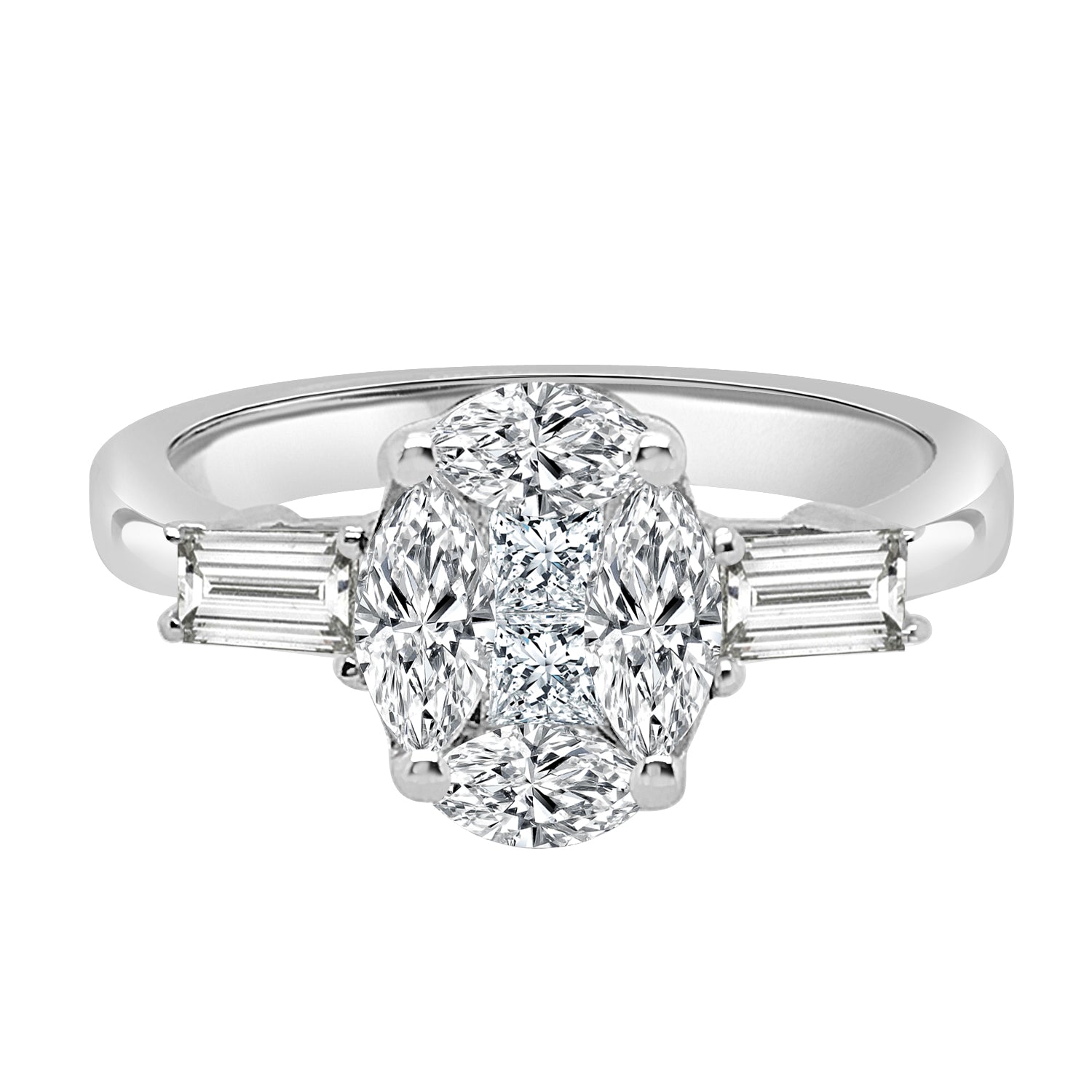 18 Karat White Gold Oval and Baguette Mosaic Diamond Ring - 1.04 Carats