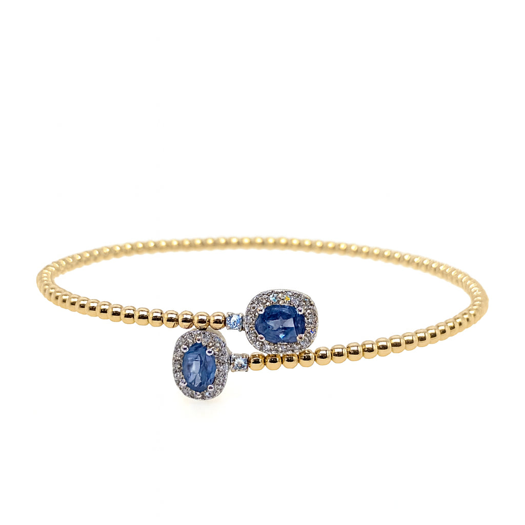 Oval Diamond and Sapphire Wrap Bangle - 14 Karat Two-Tone Bracelet with Blue Sapphire (1.07 ct)