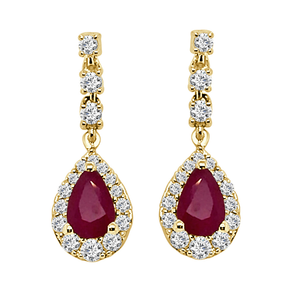 Ruby Pear Shape Diamond Halo Earrings in 14 Karat Yellow Gold - 0.38 Carats