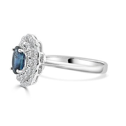 14K White Gold Blue Sapphire Oval Double Halo Ring