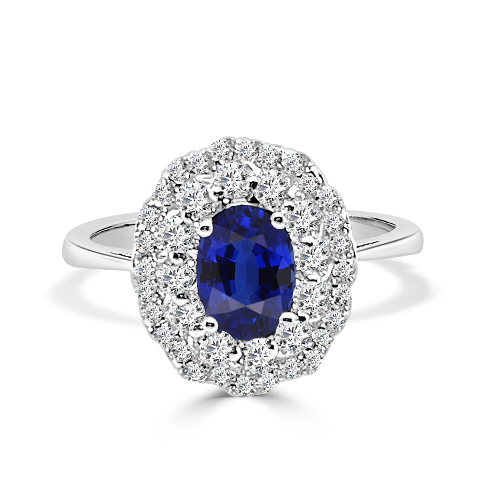14K White Gold Blue Sapphire Oval Double Halo Ring