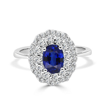 14K White Gold Blue Sapphire Oval Double Halo Ring