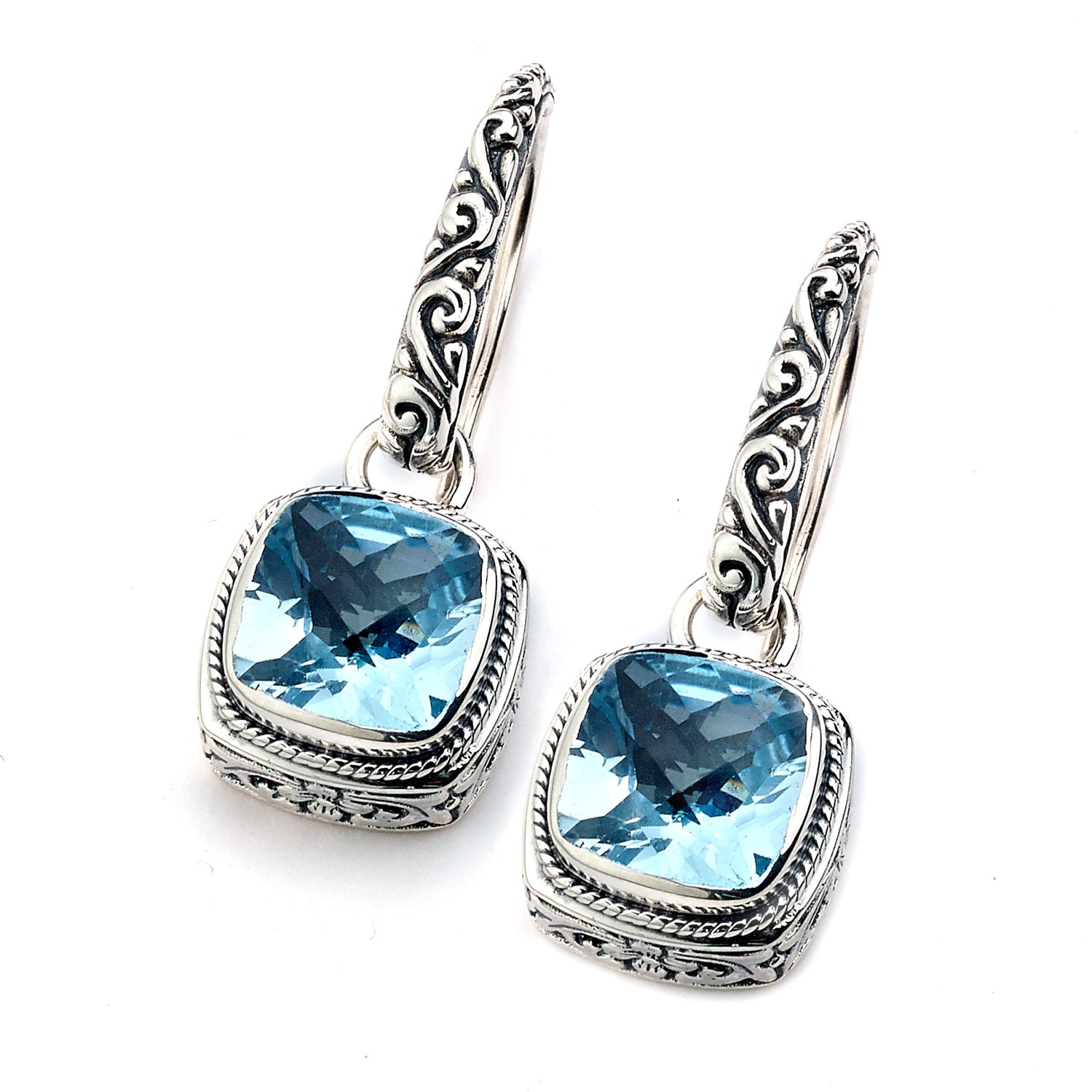 Square Floral Sterling Silver Earrings with Blue Topaz Accents