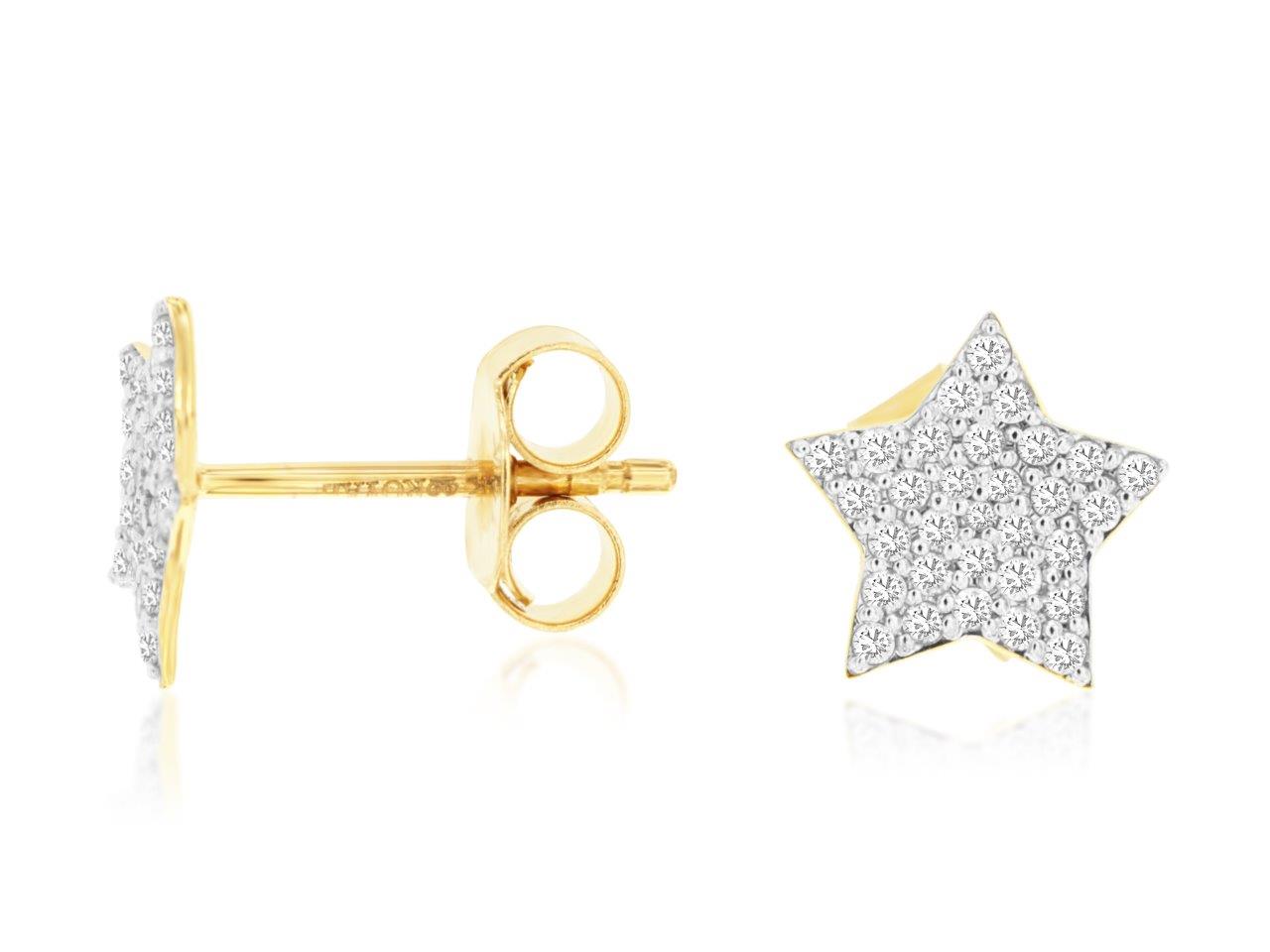 14K Yellow Gold Star Stud Earrings with Natural Diamond Accent - Round Shape 0.24 CTW