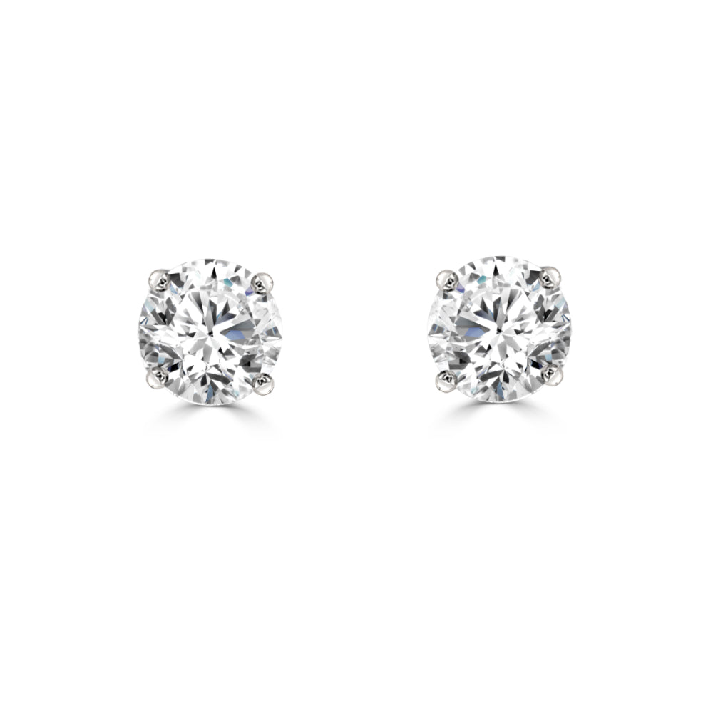 1.00 Carat Round Natural Diamond Solitaire Studs in 14 Karat White Gold with 4 Prong Setting
