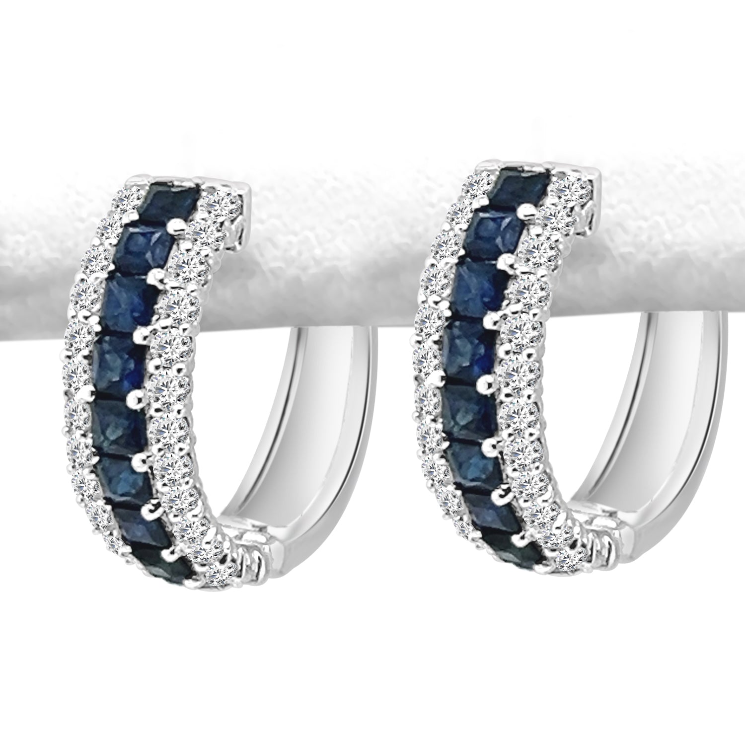 14 Karat White Gold Diamond and Sapphire Shared Prong Hoop Earrings with 1.39ct Blue Sapphire