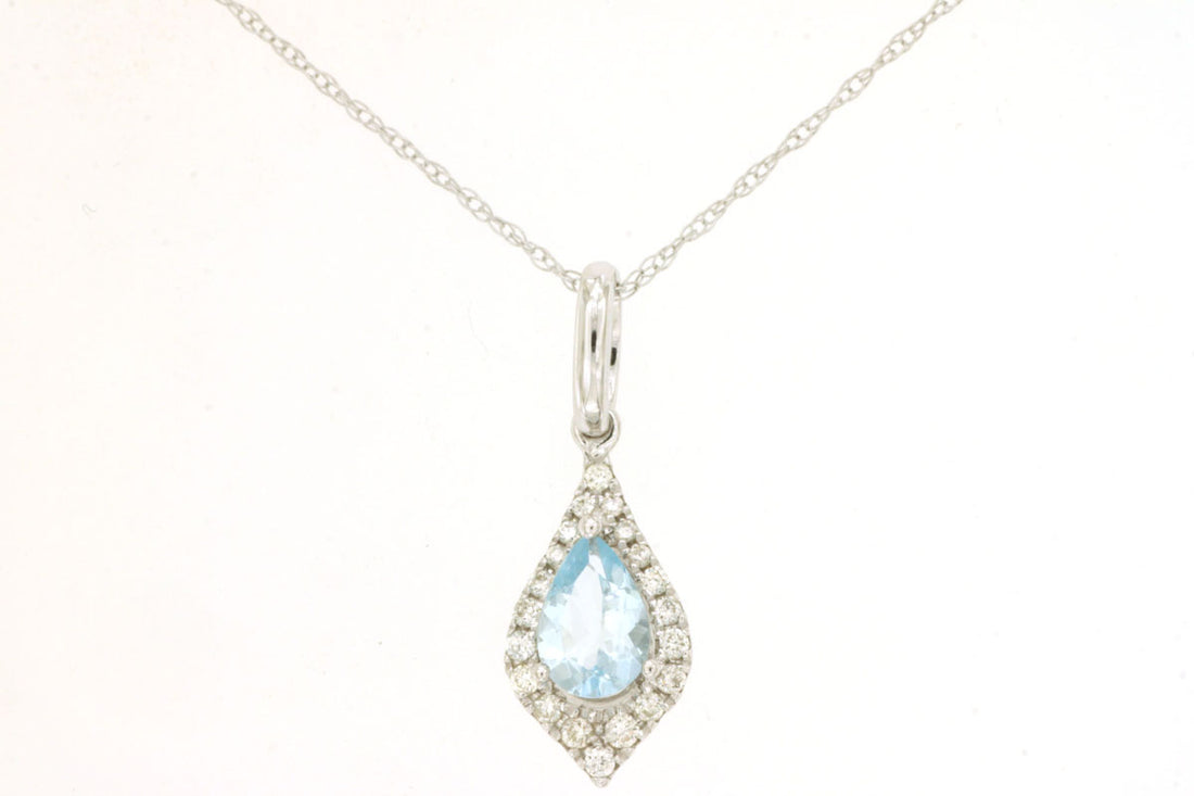 14 Karat White Gold Halo Aquamarine Necklace - Pear Shape 0.35 Carat