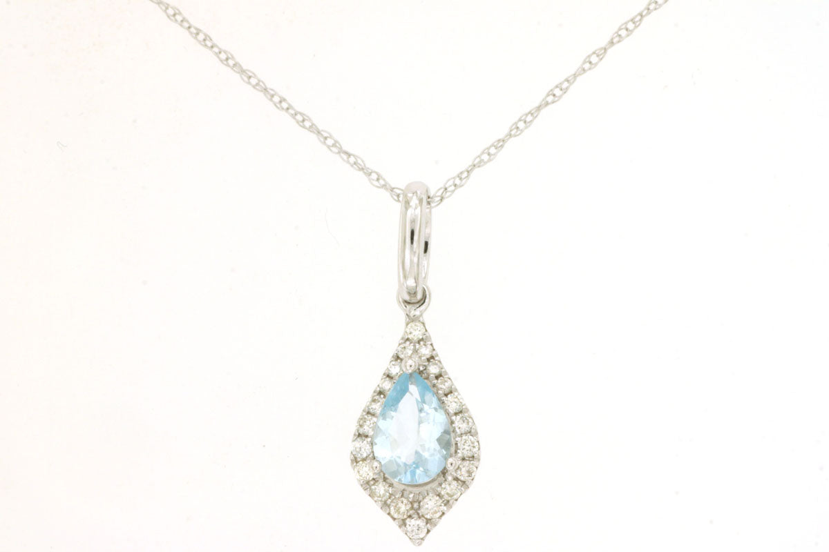 14 Karat White Gold Halo Aquamarine Necklace - Pear Shape 0.35 Carat