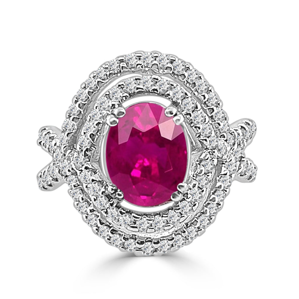 14K White Gold Diamond and Ruby Oval Shape Ring - 2.20 Carats