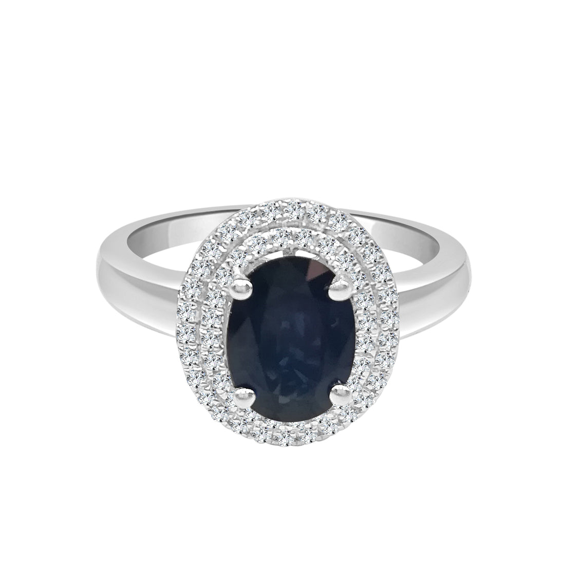 1.57 Carat Oval Blue Sapphire Double Halo Ring in 14K White Gold