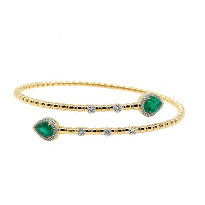 1.18 Carat Emerald and Diamond Wrap Bangle in 14 Karat Yellow Gold Bracelet - Pear Shape Design