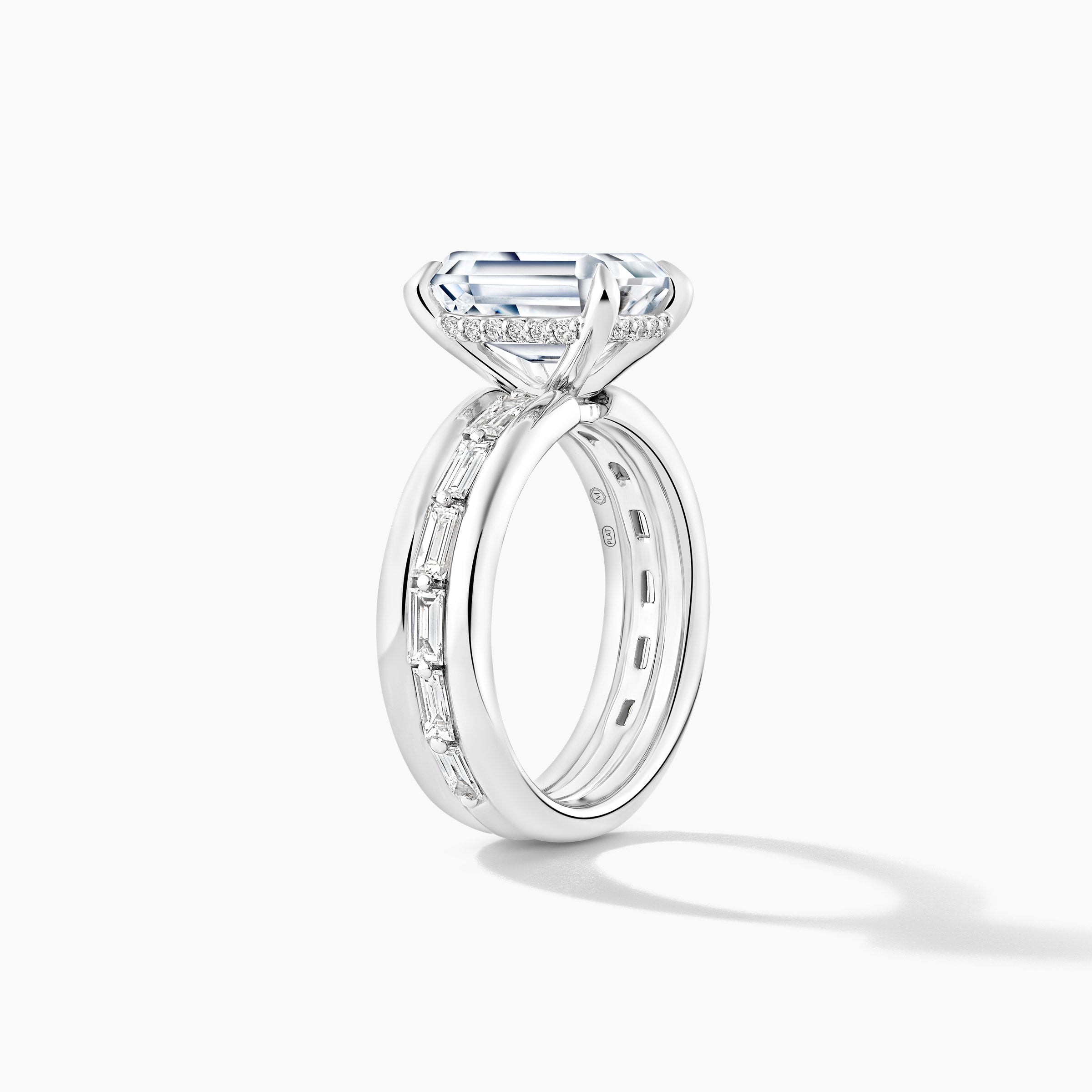 Platinum Hidden Halo SMP Emerald Diamond Engagement Mounting Band