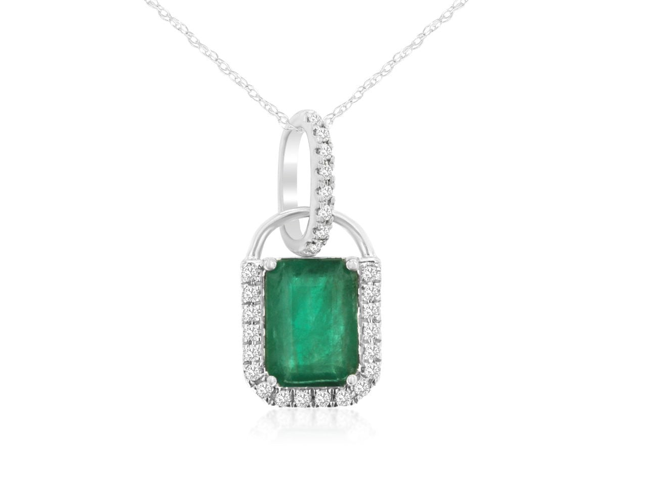 Emerald Halo Necklace in 14K White Gold with Diamond Accent
